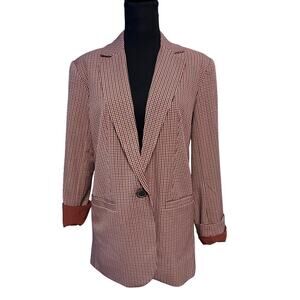 A New Day Plaid Blazer Womens XS Brown Rust Houndstooth Open Front Career